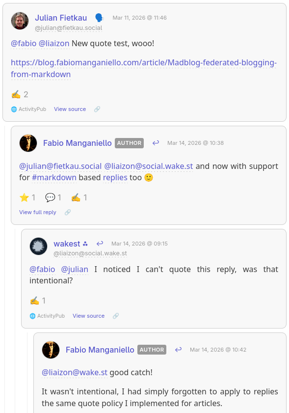Example of a nested thread rendered on Madblog