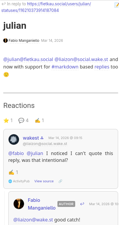 Example of a Madblog reply rendered as a blog article, with its own sub-thread of reactions