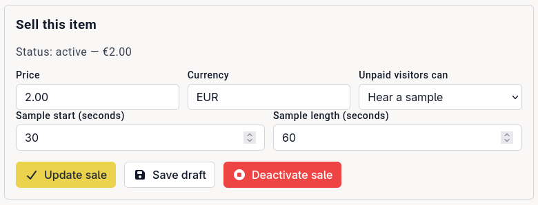 A screenshot of a track uploaded by a musician, showing the options to set up payments for it
