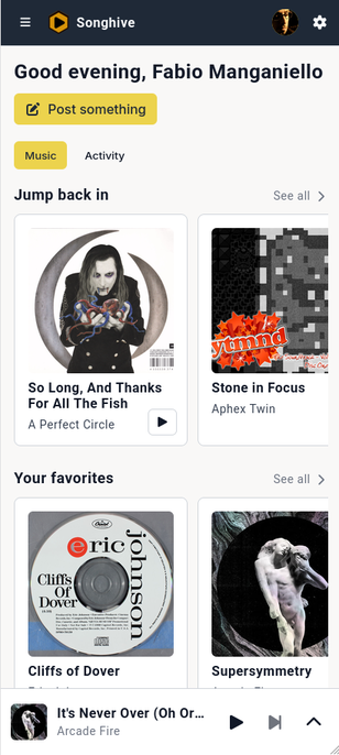 Songhive on mobile: album and track cards with a mini player pinned to the bottom