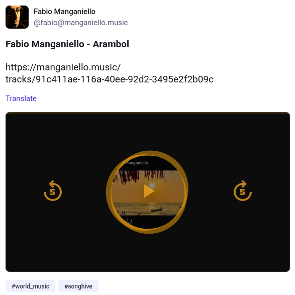 A Songhive post with a published song viewed from Mastodon