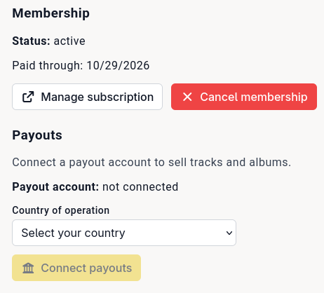 A screenshot of the membership page on an instance with paid subscriptions