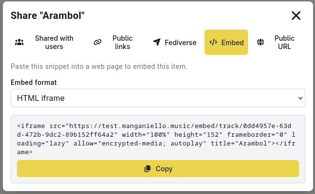 Screenshot of the "Share Track" modal